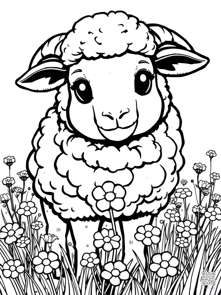 Free sheep with fluffy wool in a flower meadow coloring page in manga style — printable line art