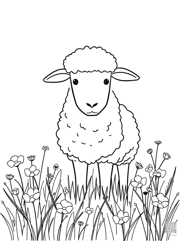 Free sheep with fluffy wool in a flower meadow coloring page in minimal style — printable line art