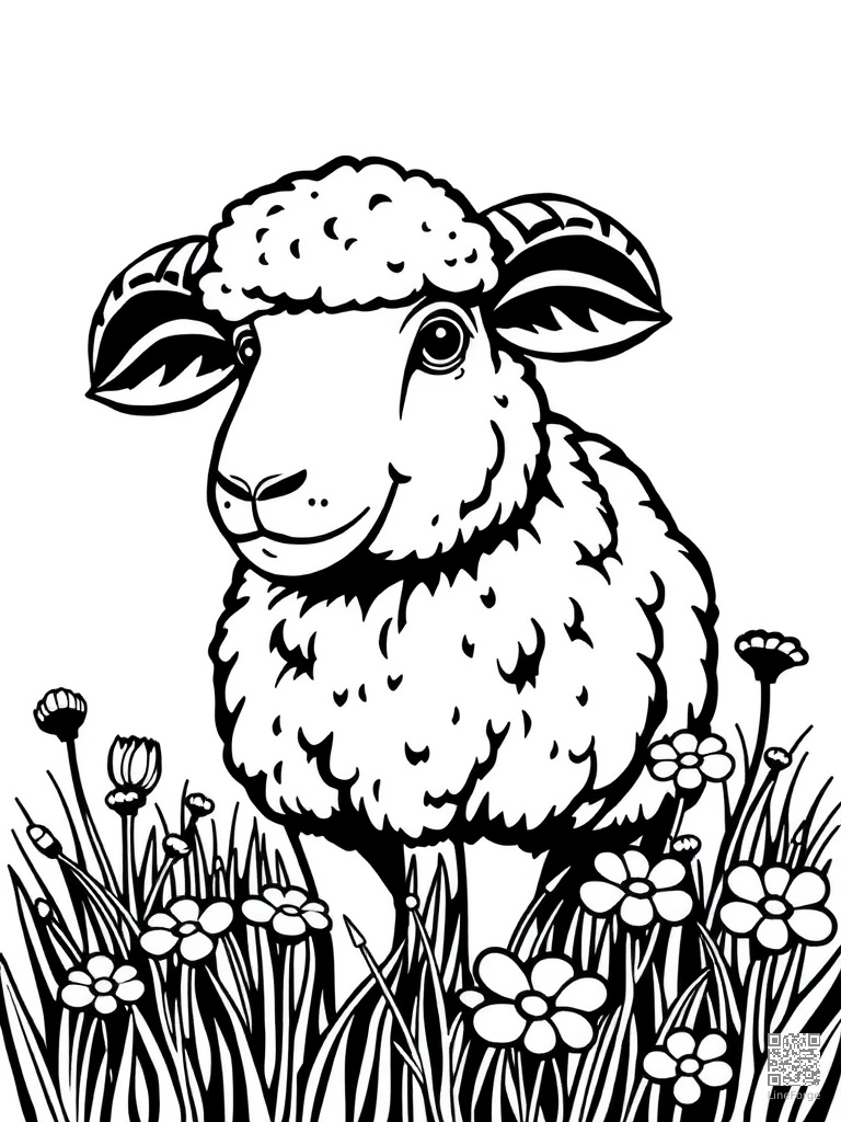 Free sheep with fluffy wool in a flower meadow coloring page in woodcut style — printable line art