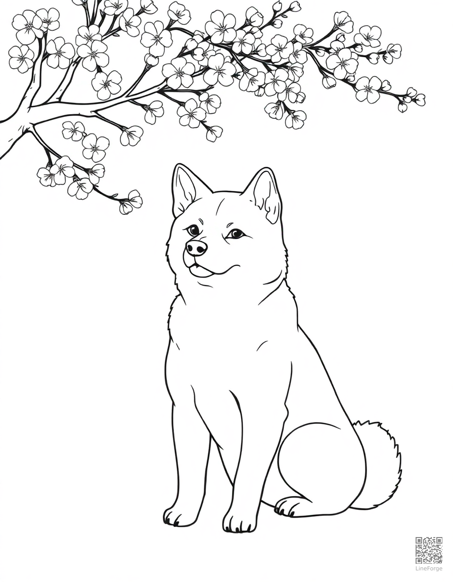 shiba inu sitting under cherry blossoms coloring page Contour style - free printable
