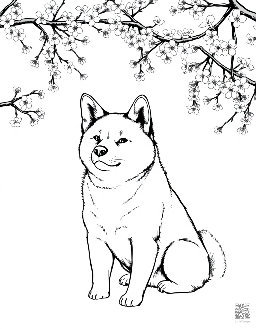 shiba inu sitting under cherry blossoms coloring page Crosshatch style - free printable