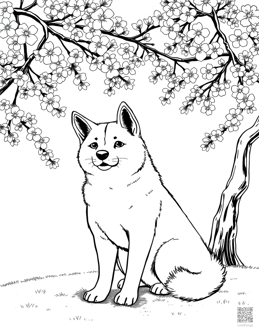 shiba inu sitting under cherry blossoms coloring page Manga style - free printable