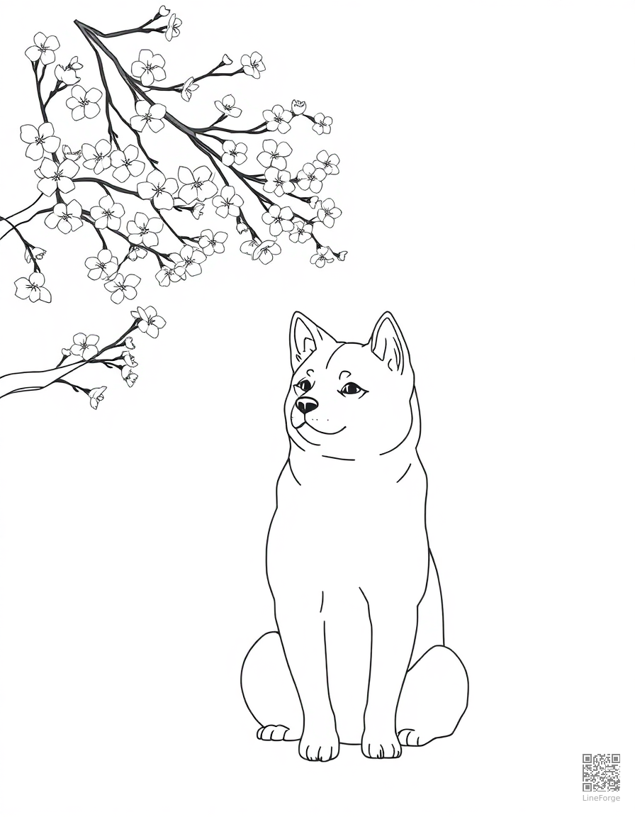 shiba inu sitting under cherry blossoms coloring page Minimal style - free printable