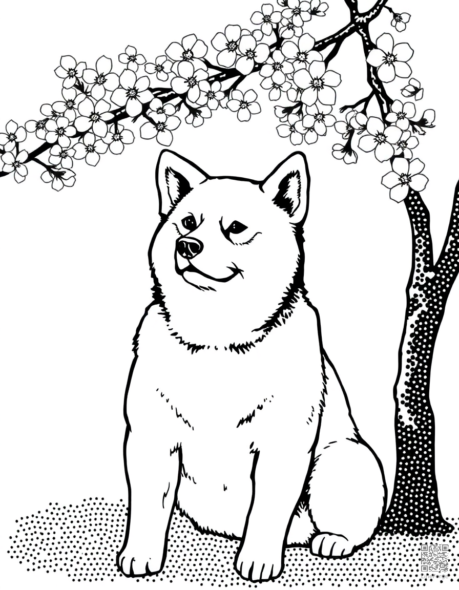 shiba inu sitting under cherry blossoms coloring page Stipple style - free printable