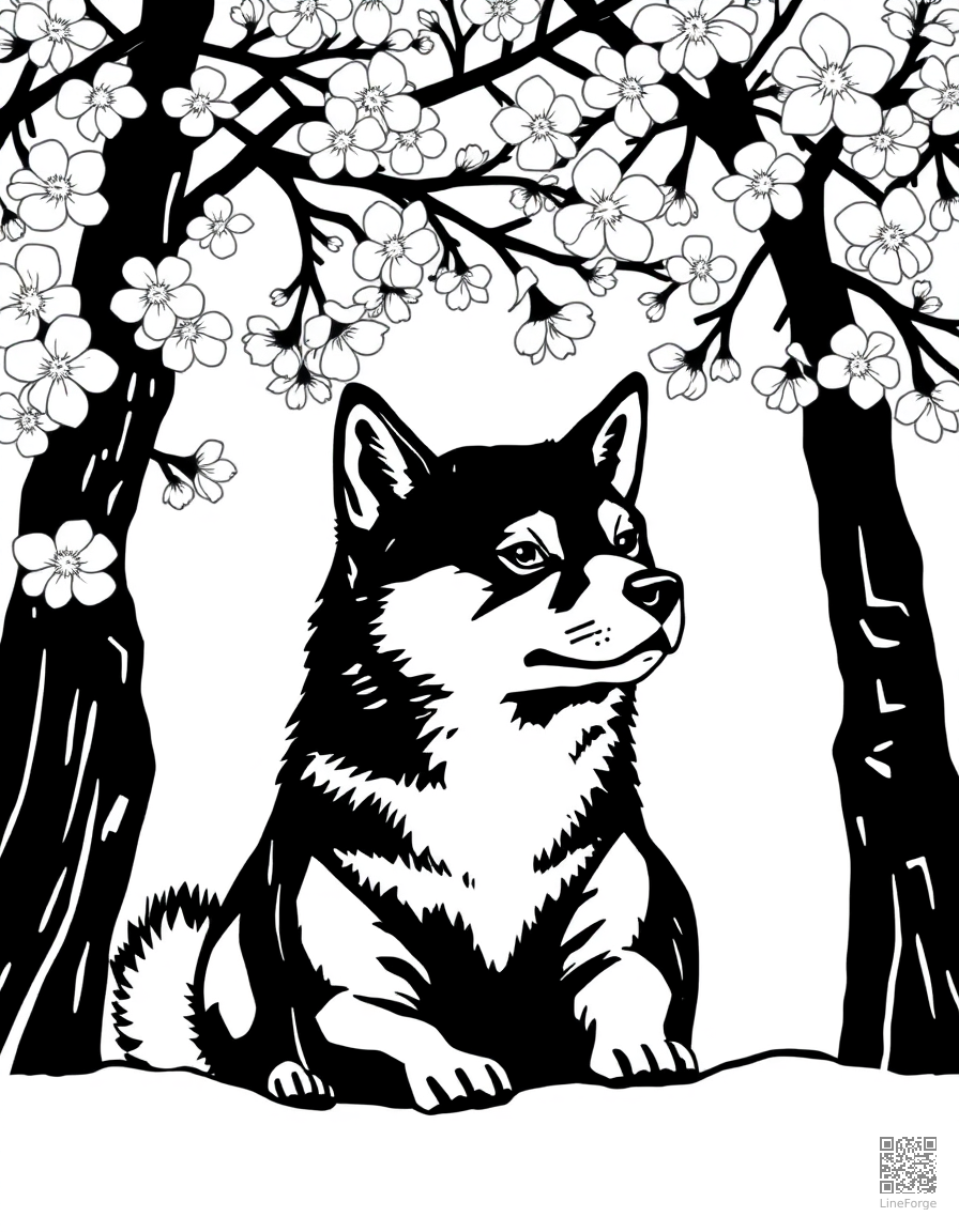 shiba inu sitting under cherry blossoms coloring page Woodcut style - free printable