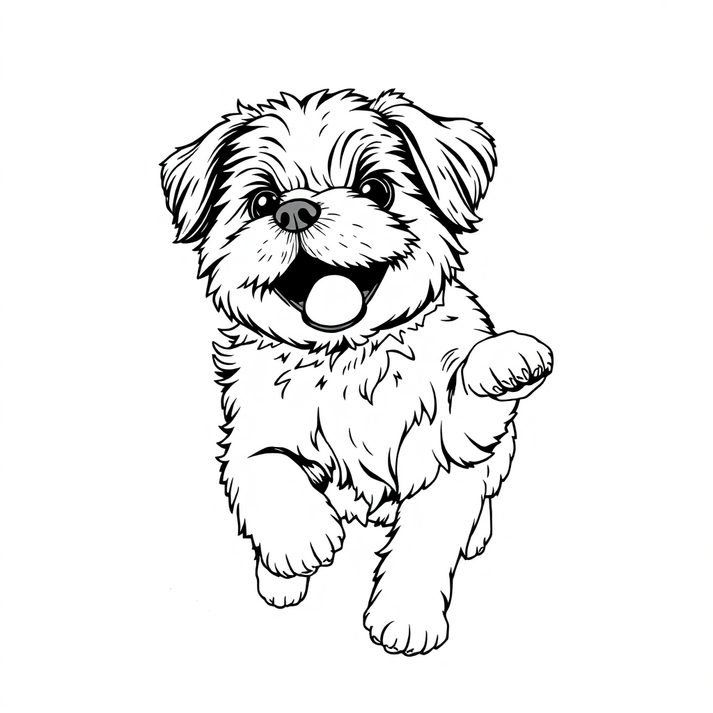 Shih Tzu dog — playing and running, energetic and joyful coloring page Manga style - free printable