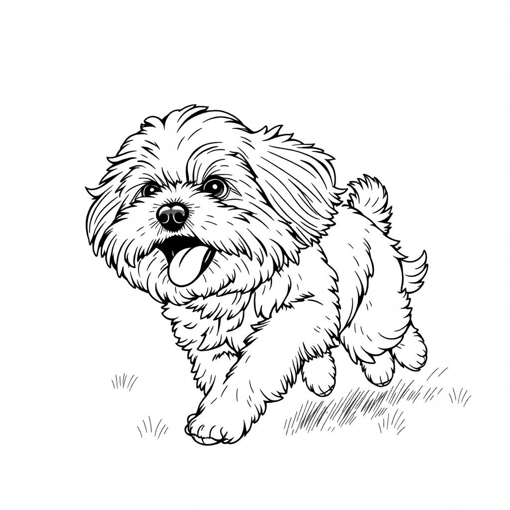 Shih Tzu dog — playing and running, energetic and joyful coloring page Rockwell style free printable