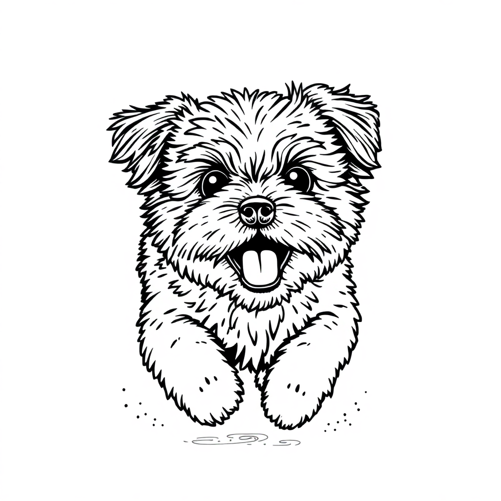 Shih Tzu dog — playing and running, energetic and joyful coloring page Stipple style - free printable