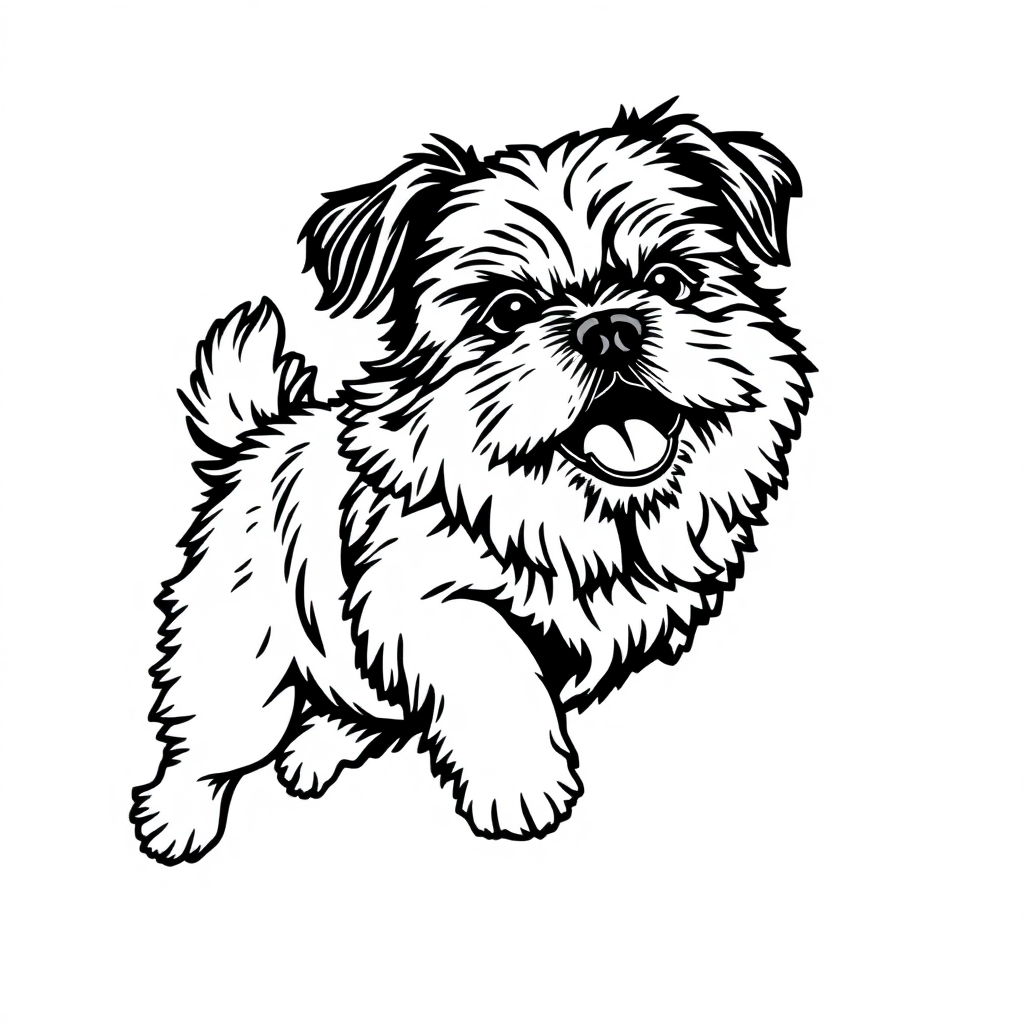 Shih Tzu dog — playing and running, energetic and joyful coloring page Woodcut style - free printable