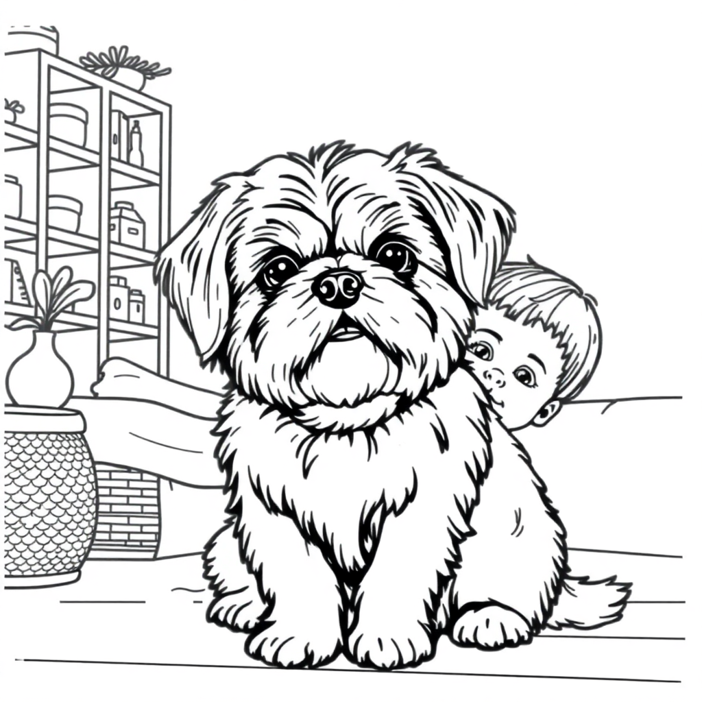 Free shih tzu dog — with a young child in a cozy home setting coloring page in contour style — printable line art