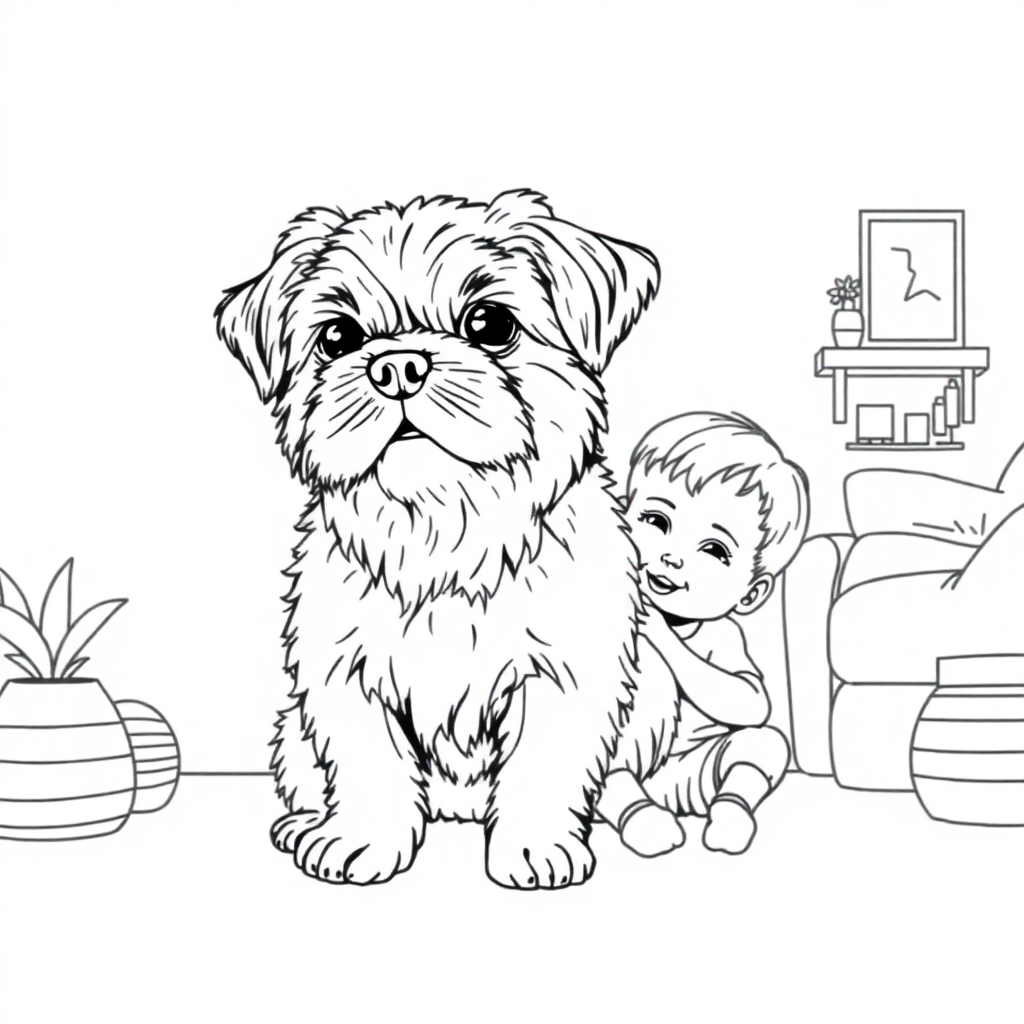 Free shih tzu dog — with a young child in a cozy home setting coloring page in manga style — printable line art