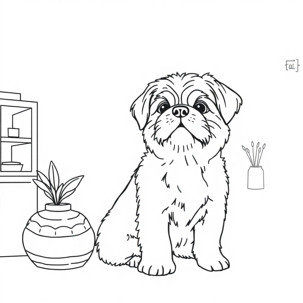 Free shih tzu dog — with a young child in a cozy home setting coloring page in minimal style — printable line art