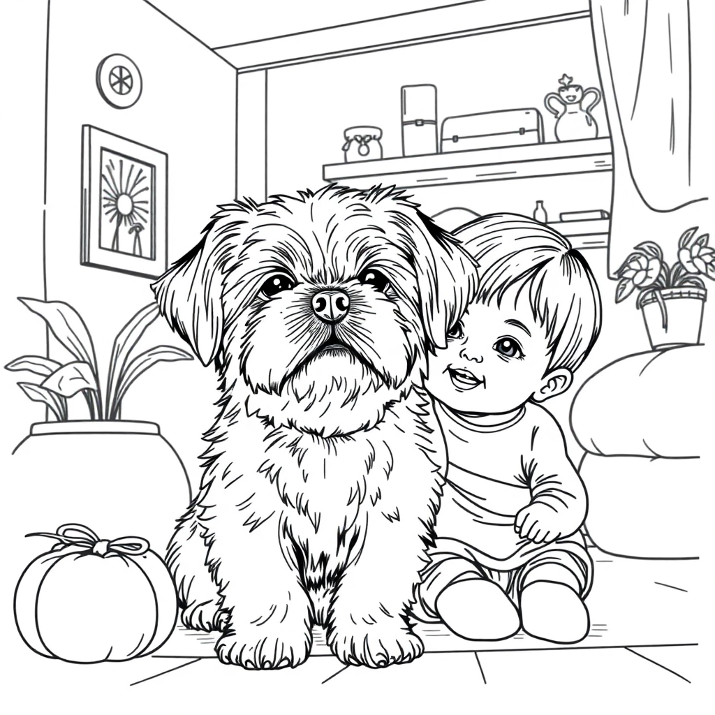 Shih Tzu dog — with a young child in a cozy home setting coloring page Rockwell style free printable