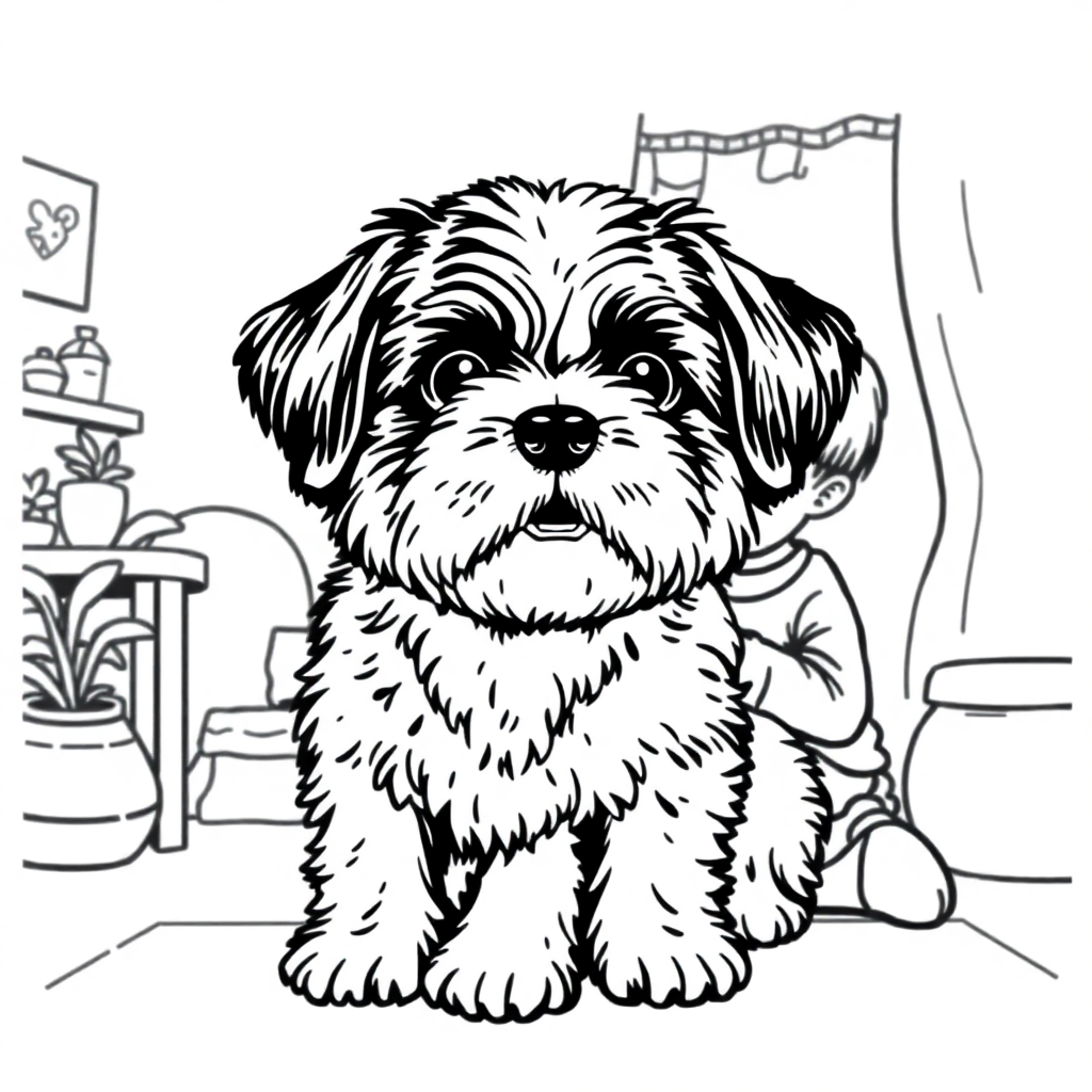 Free shih tzu dog — with a young child in a cozy home setting coloring page in stipple style — printable line art