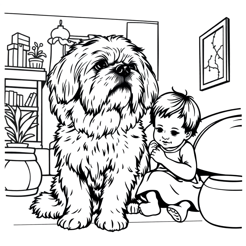 Free shih tzu dog — with a young child in a cozy home setting coloring page in woodcut style — printable line art