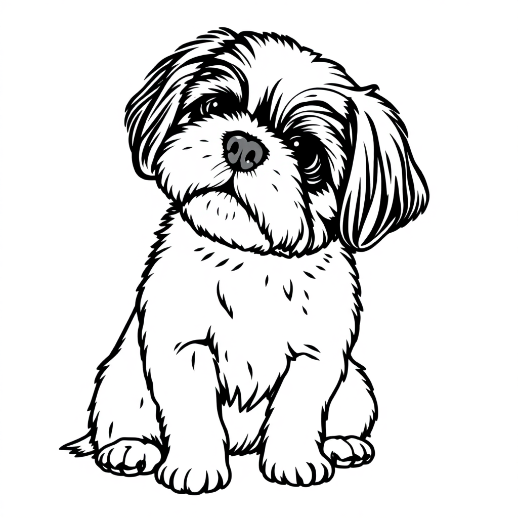 Shih Tzu dog — sitting portrait, looking at viewer, friendly expression coloring page Contour style free printable