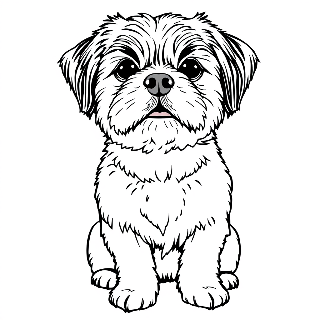 Shih Tzu dog — sitting portrait, looking at viewer, friendly expression coloring page Manga style free printable