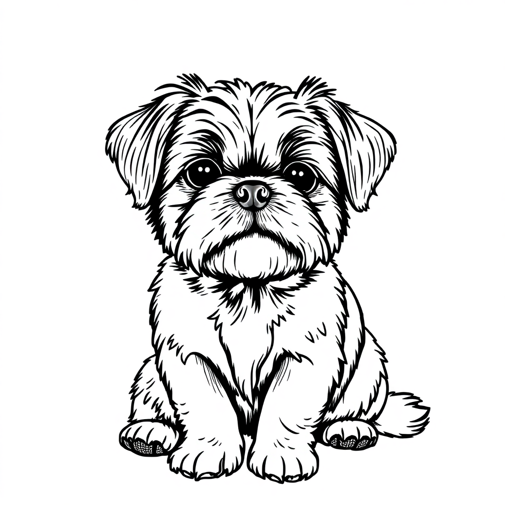 Shih Tzu dog — sitting portrait, looking at viewer, friendly expression coloring page Rockwell style free printable