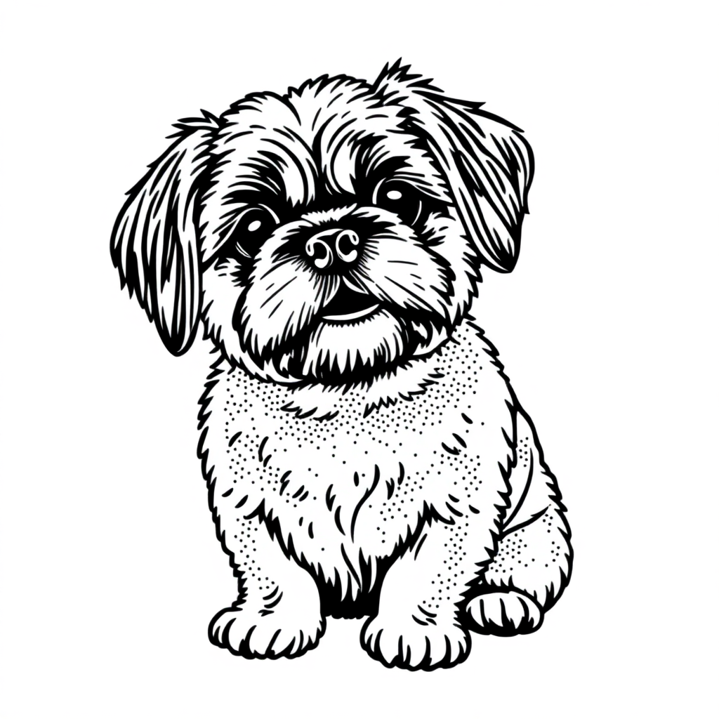 Shih Tzu dog — sitting portrait, looking at viewer, friendly expression coloring page Stipple style free printable