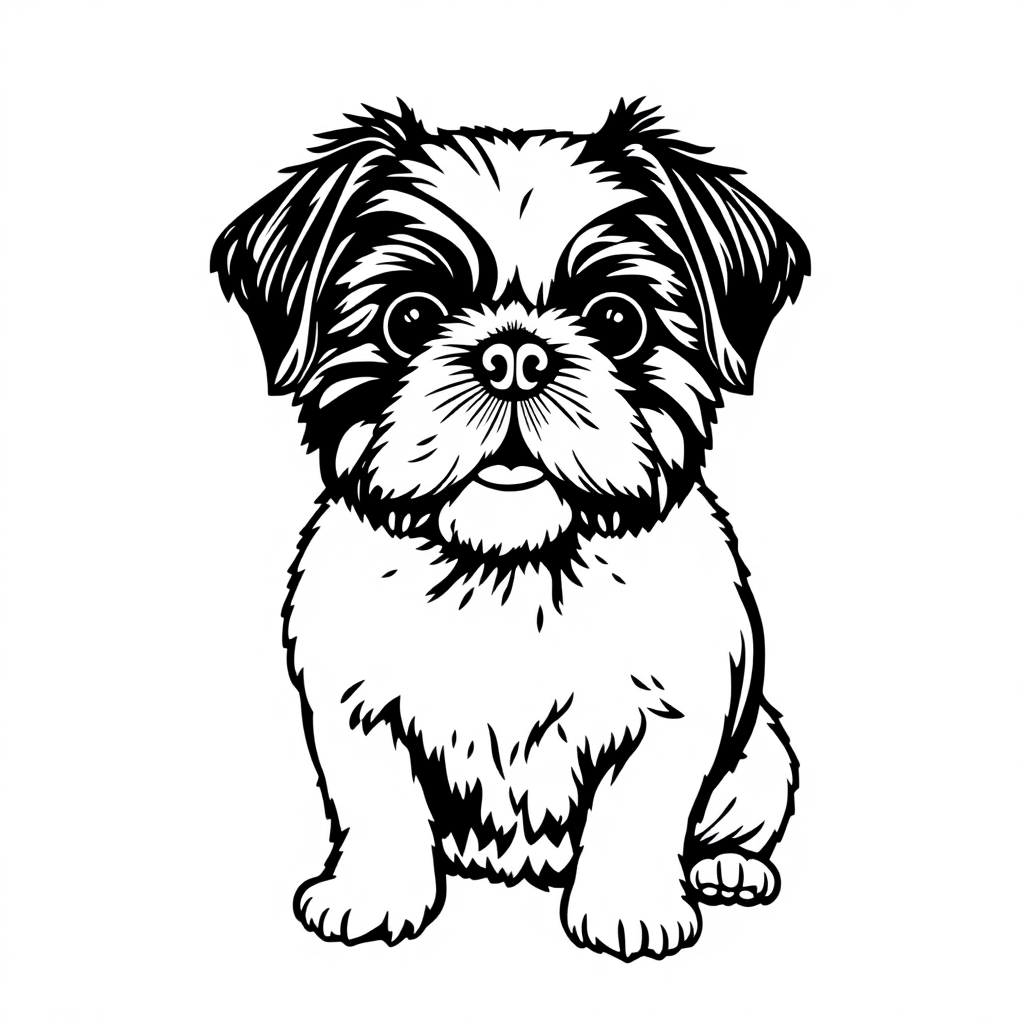 Shih Tzu dog — sitting portrait, looking at viewer, friendly expression coloring page Woodcut style free printable