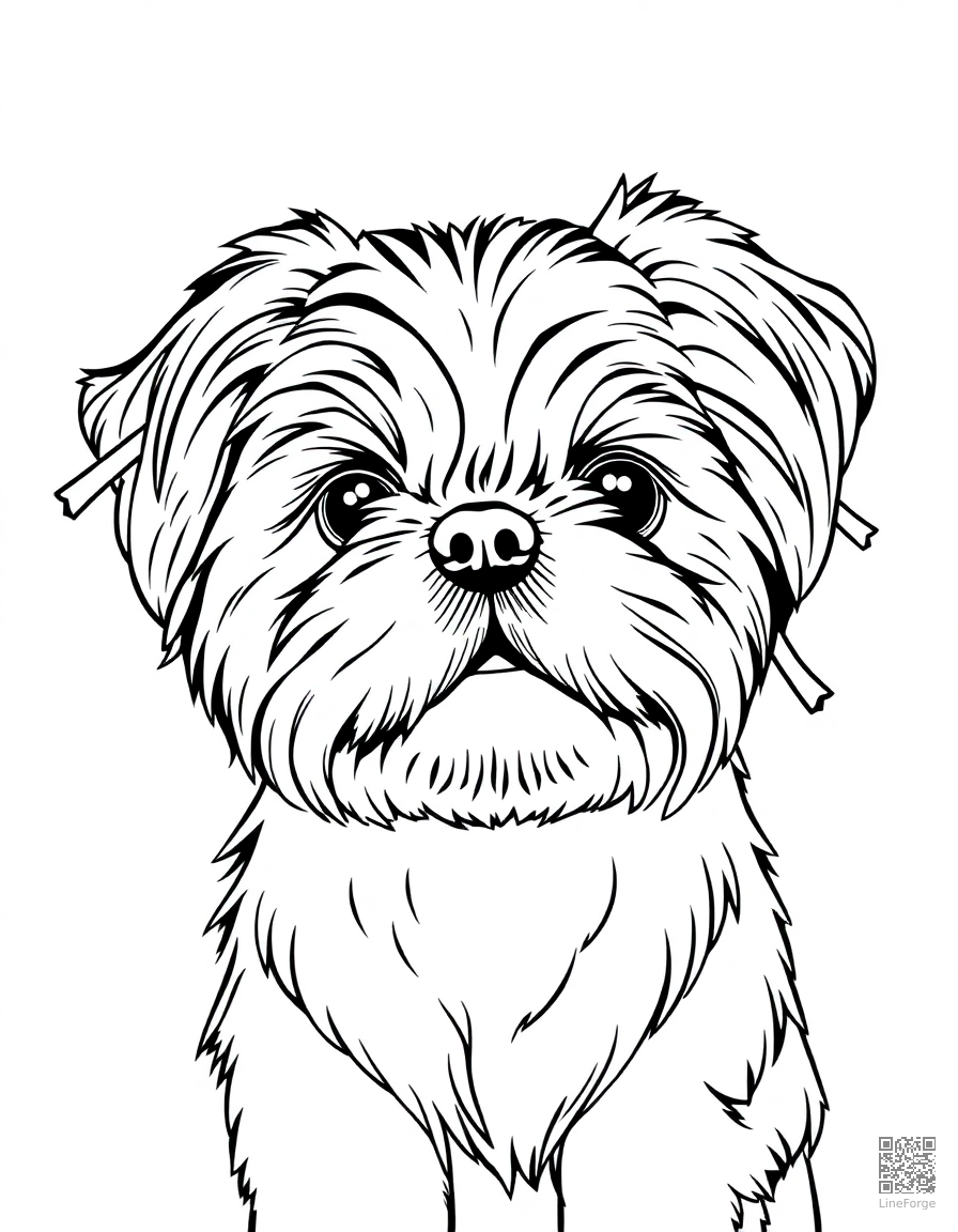 Free shih tzu with ribbons in its hair coloring page in contour style — printable line art