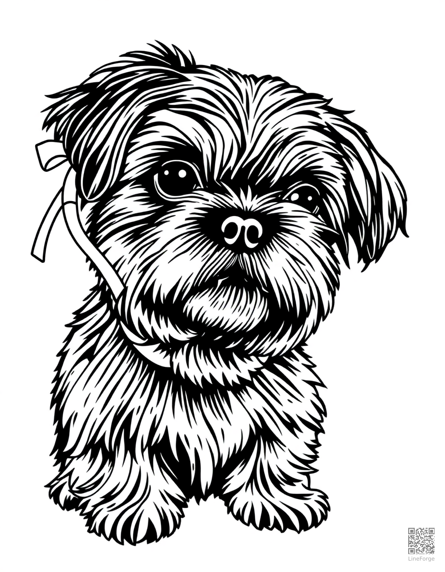 Free shih tzu with ribbons in its hair coloring page in crosshatch style — printable line art
