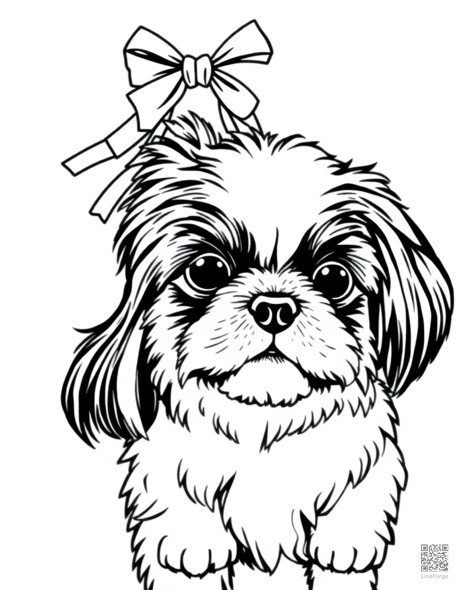 Free shih tzu with ribbons in its hair coloring page in manga style — printable line art