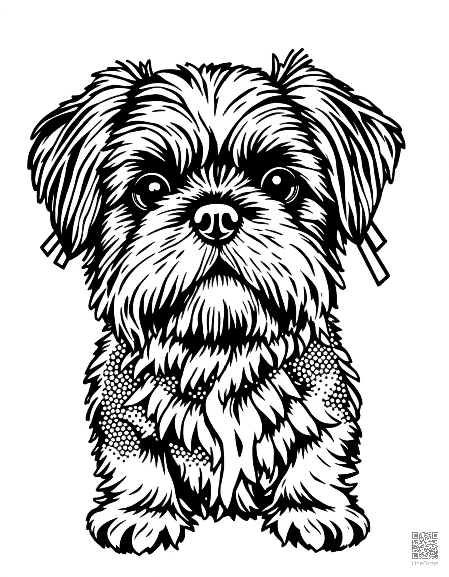 Free shih tzu with ribbons in its hair coloring page in stipple style — printable line art