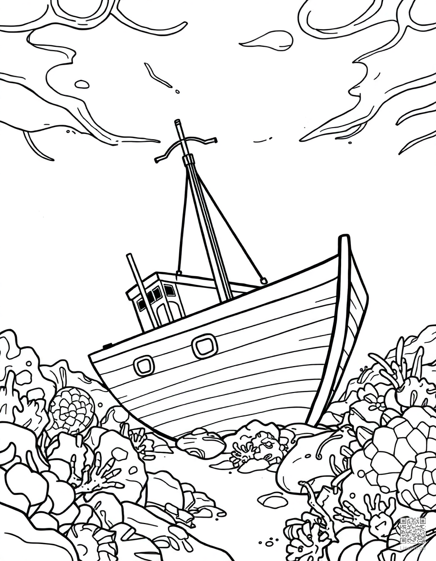 Free shipwreck at the bottom of the ocean coloring page in contour style — printable line art