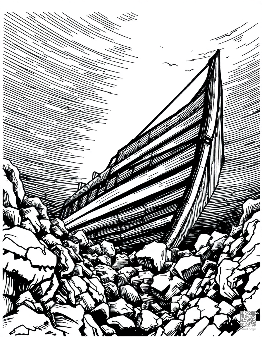 Free shipwreck at the bottom of the ocean coloring page in crosshatch style — printable line art