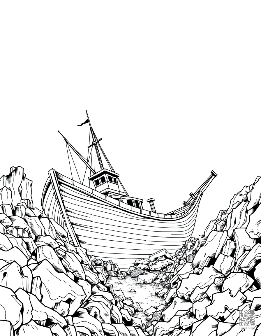 Free shipwreck at the bottom of the ocean coloring page in manga style — printable line art