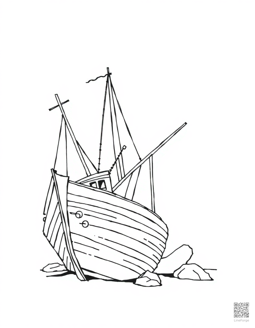 Free shipwreck at the bottom of the ocean coloring page in minimal style — printable line art