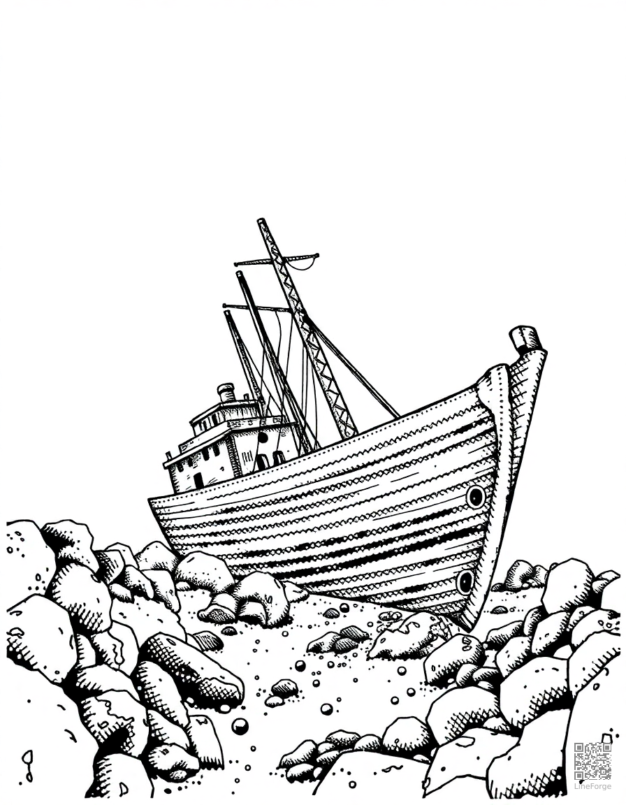 Shipwreck at the bottom of the ocean coloring page Stipple style free printable