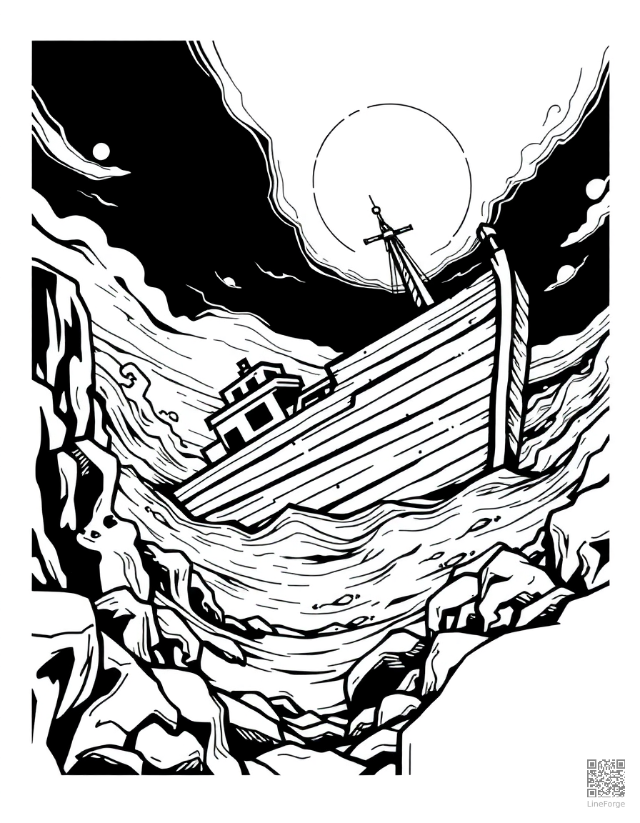 Free shipwreck at the bottom of the ocean coloring page in woodcut style — printable line art