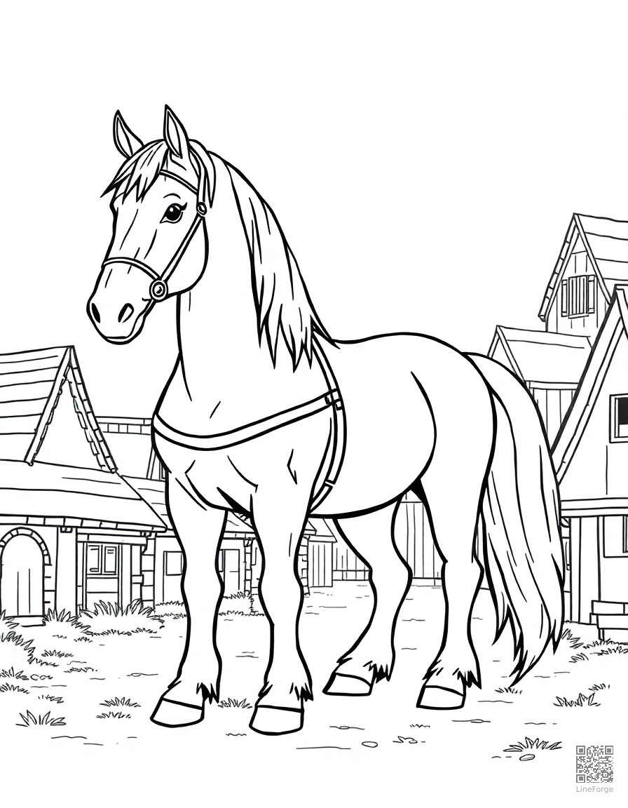 Free shire horse standing in a medieval village coloring page in contour style — printable line art
