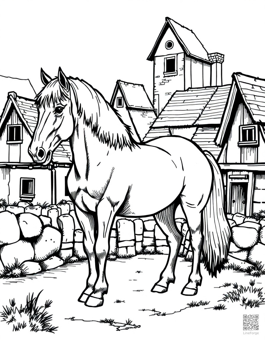 Free shire horse standing in a medieval village coloring page in crosshatch style — printable line art