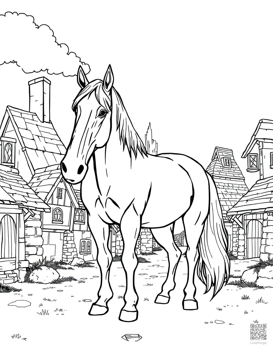 Free shire horse standing in a medieval village coloring page in manga style — printable line art