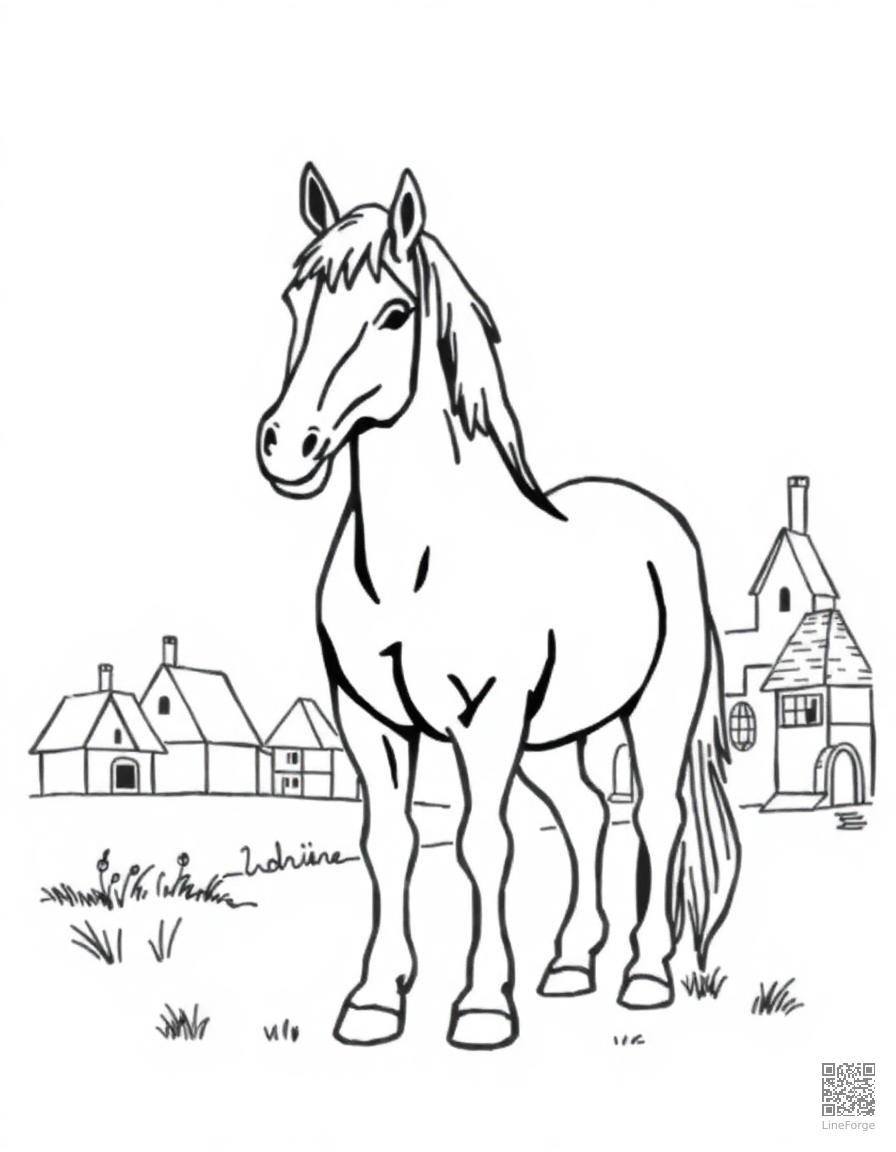 Free shire horse standing in a medieval village coloring page in minimal style — printable line art