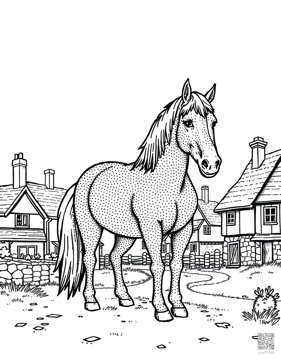 Free shire horse standing in a medieval village coloring page in stipple style — printable line art