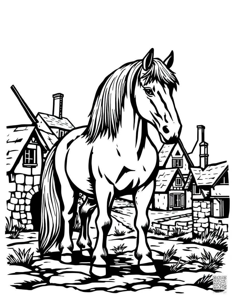Free shire horse standing in a medieval village coloring page in woodcut style — printable line art