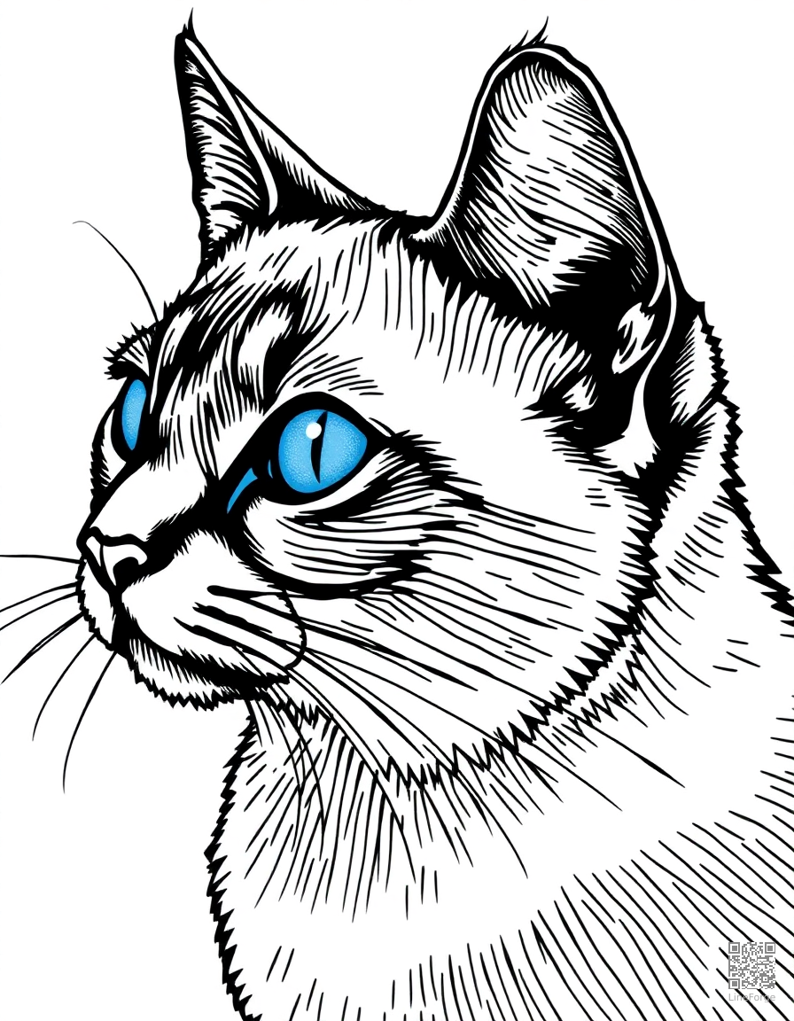 Siamese cat with blue eyes coloring page Crosshatch style - free printable