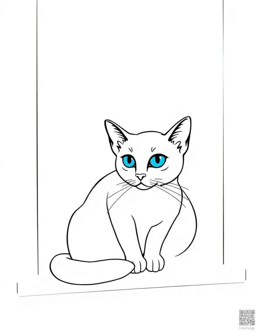 Free siamese cat with blue eyes on a window sill coloring page in contour style — printable line art
