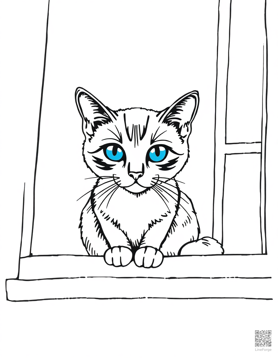 Free siamese cat with blue eyes on a window sill coloring page in crosshatch style — printable line art