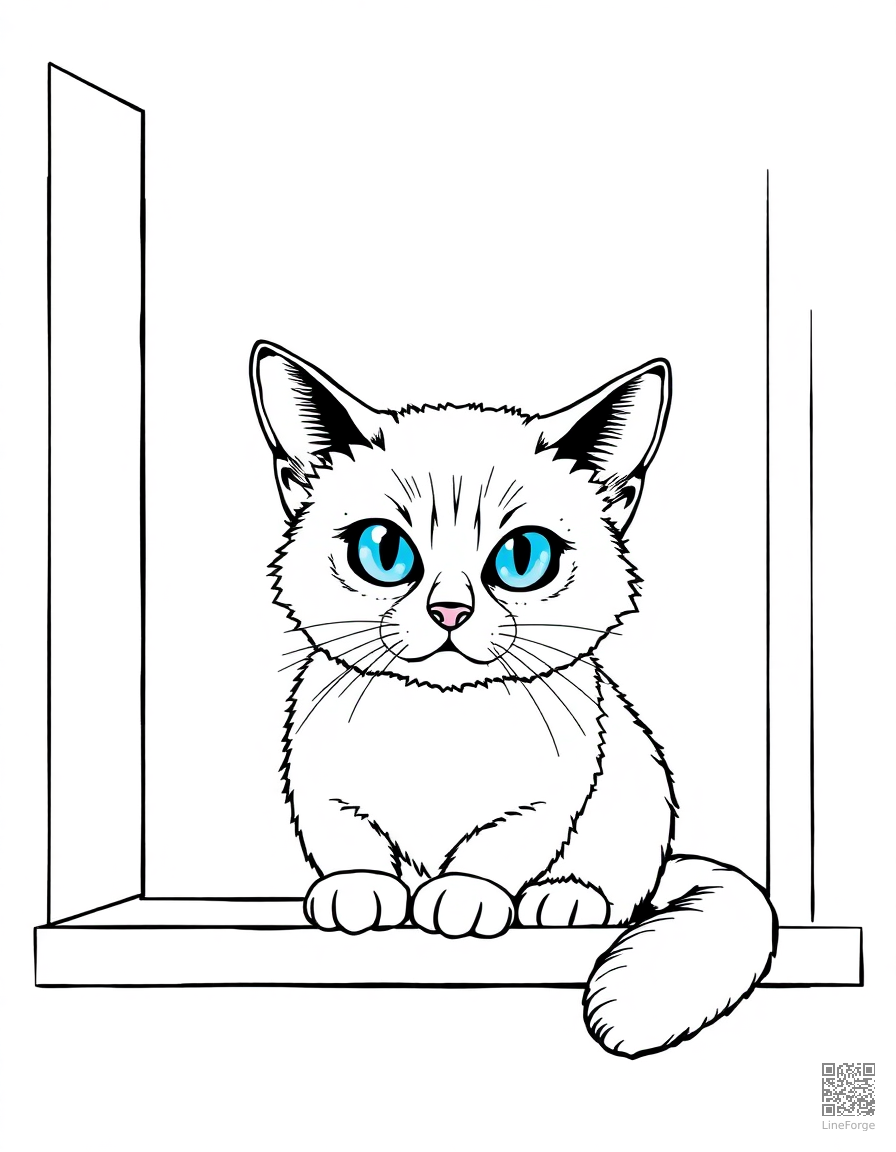 Free siamese cat with blue eyes on a window sill coloring page in manga style — printable line art