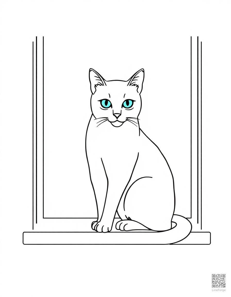 Free siamese cat with blue eyes on a window sill coloring page in minimal style — printable line art