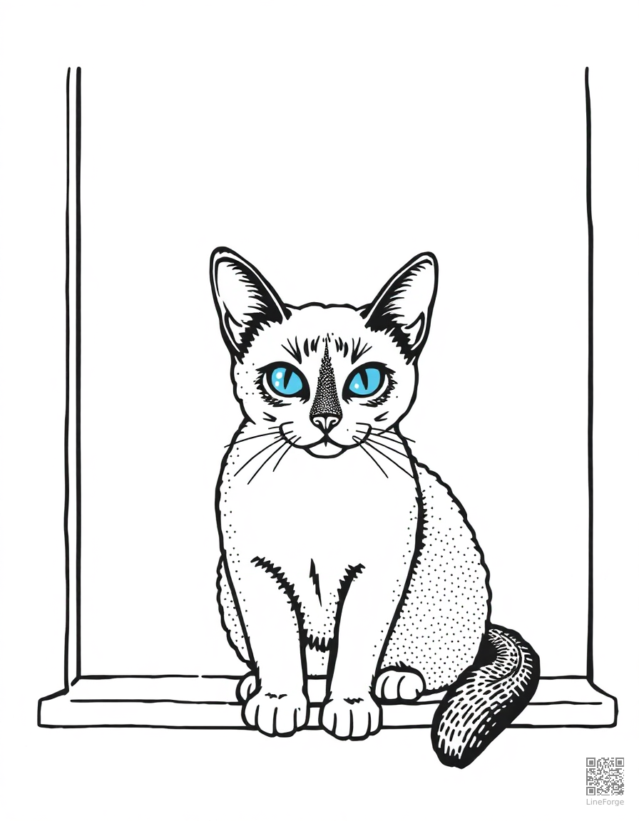 Free siamese cat with blue eyes on a window sill coloring page in stipple style — printable line art