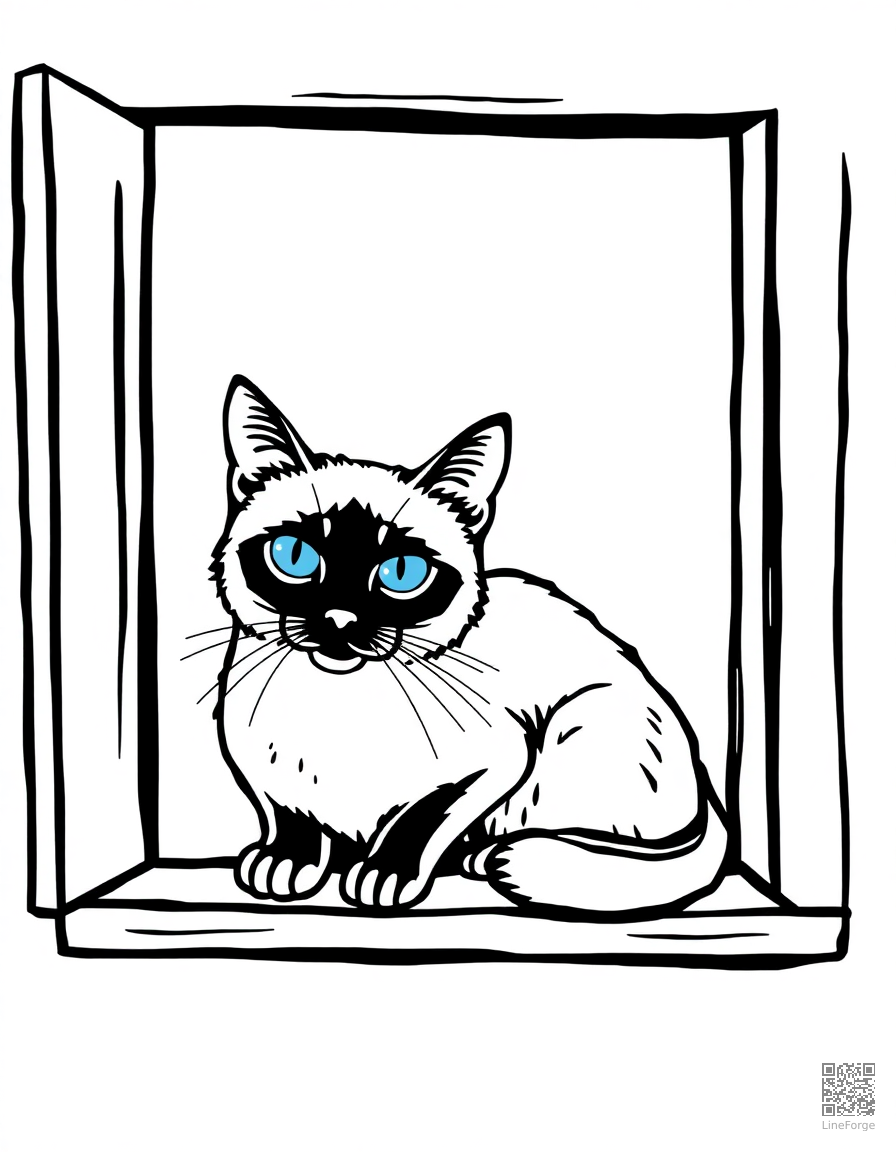 Free siamese cat with blue eyes on a window sill coloring page in woodcut style — printable line art