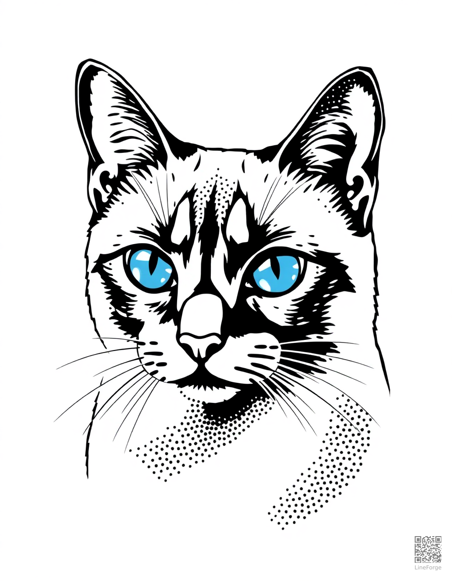 Siamese cat with blue eyes coloring page Stipple style - free printable