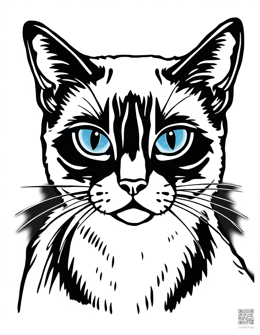 Siamese cat with blue eyes coloring page Woodcut style - free printable
