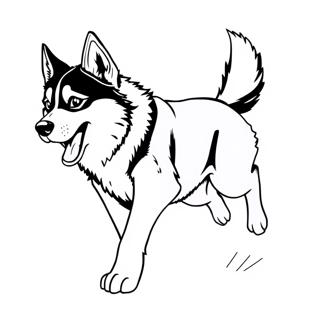 Siberian Husky dog — playing and running, energetic and joyful coloring page Manga style - free printable